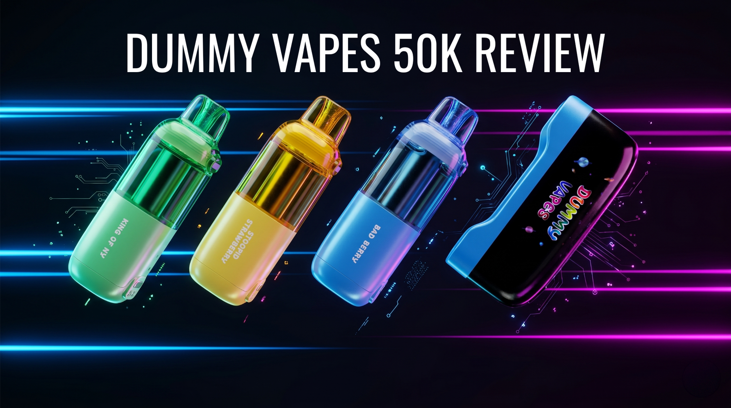A chart detailing the 10 available flavor profiles for the Dummy Vapes 50K disposable device, useful for choosing your perfect vape from options like Alien Invasion, Cosmic Blast, and Gangsta Punch.