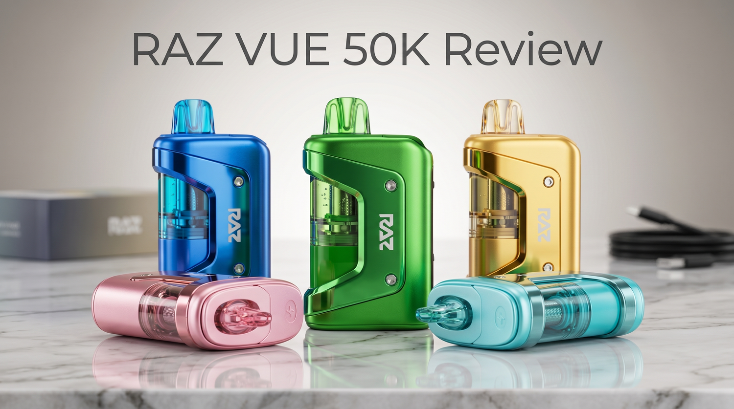 RAZ VUE 50K review lineup showing five colorful modular disposable vapes on a marble surface, highlighting the detachable flavor pods.