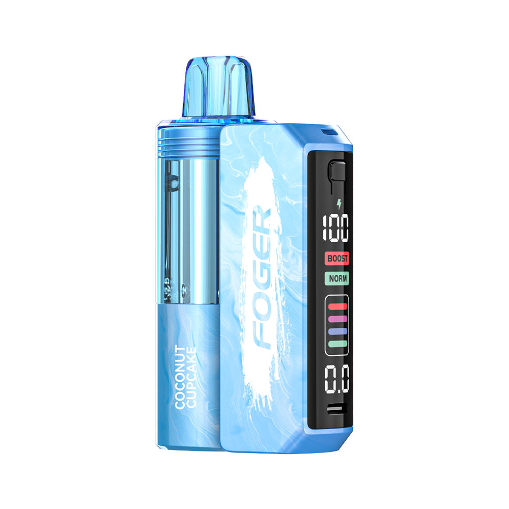 Blue Foger vape device with Coconut Cupcake flavor and digital display