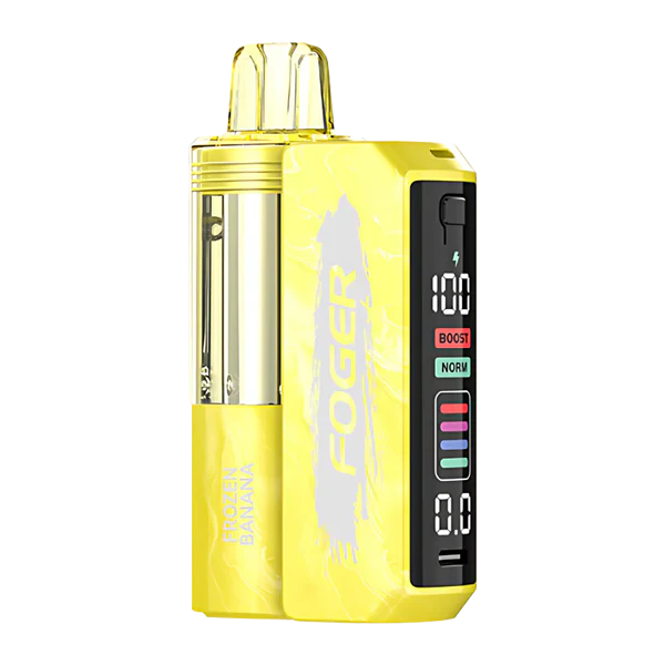 Yellow Foger vape device with digital display, Boost/Norm modes, and Frozen Banana flavor