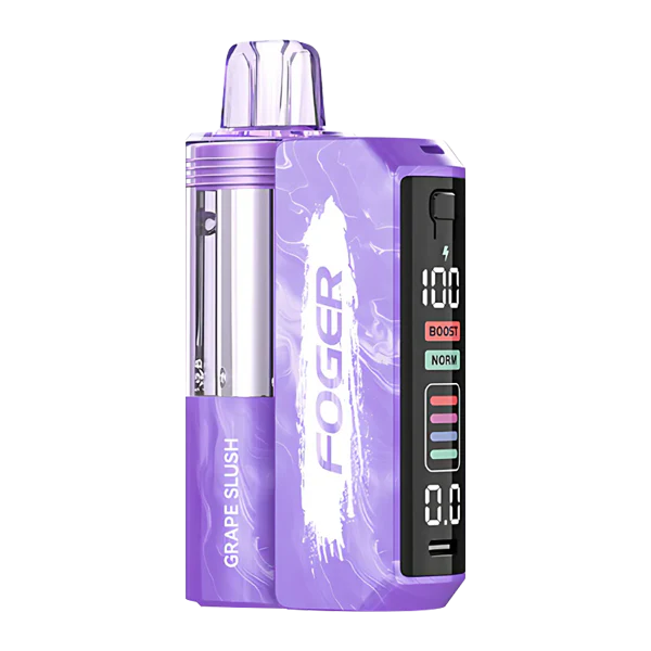 Purple Fogger vape device with Grape Slush flavor, digital display, and boost mode