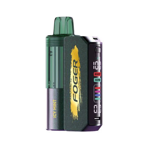 Icy Mint flavored disposable vape with Foger branding and digital display