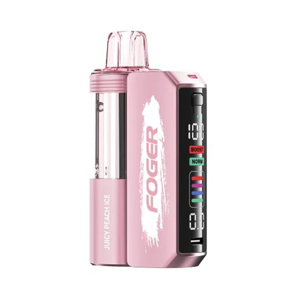 Pink Foger vape device with Juicy Peach Ice flavor, digital display, and boost mode