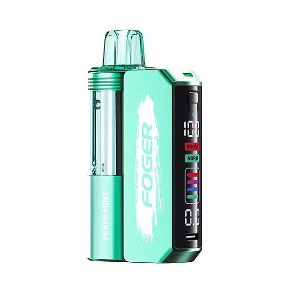 Mint green Foger vape device with Miami Mint flavor, digital display, and boost mode