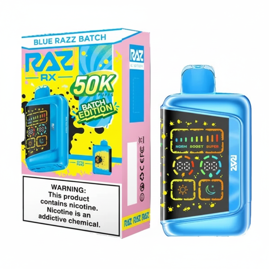 Blue RAZ RX 50K puffs disposable vape device with digital display and batch edition packaging