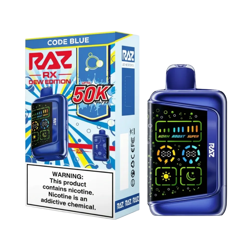 RAZ RX Dew Edition disposable vape, Code Blue flavor, up to 50K puffs, digital display