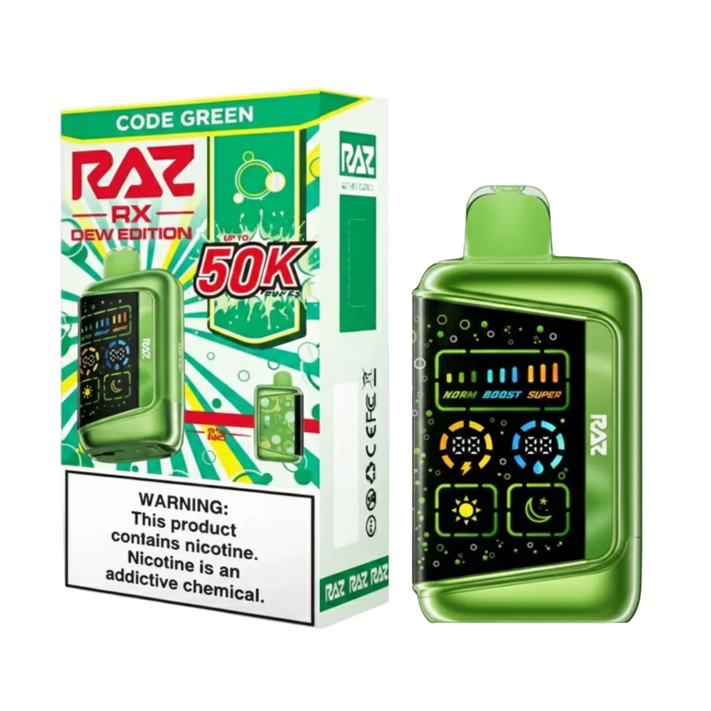 Green RAZ RX Dew Edition disposable vape with 50K puffs, featuring norm boost super modes and vibrant design