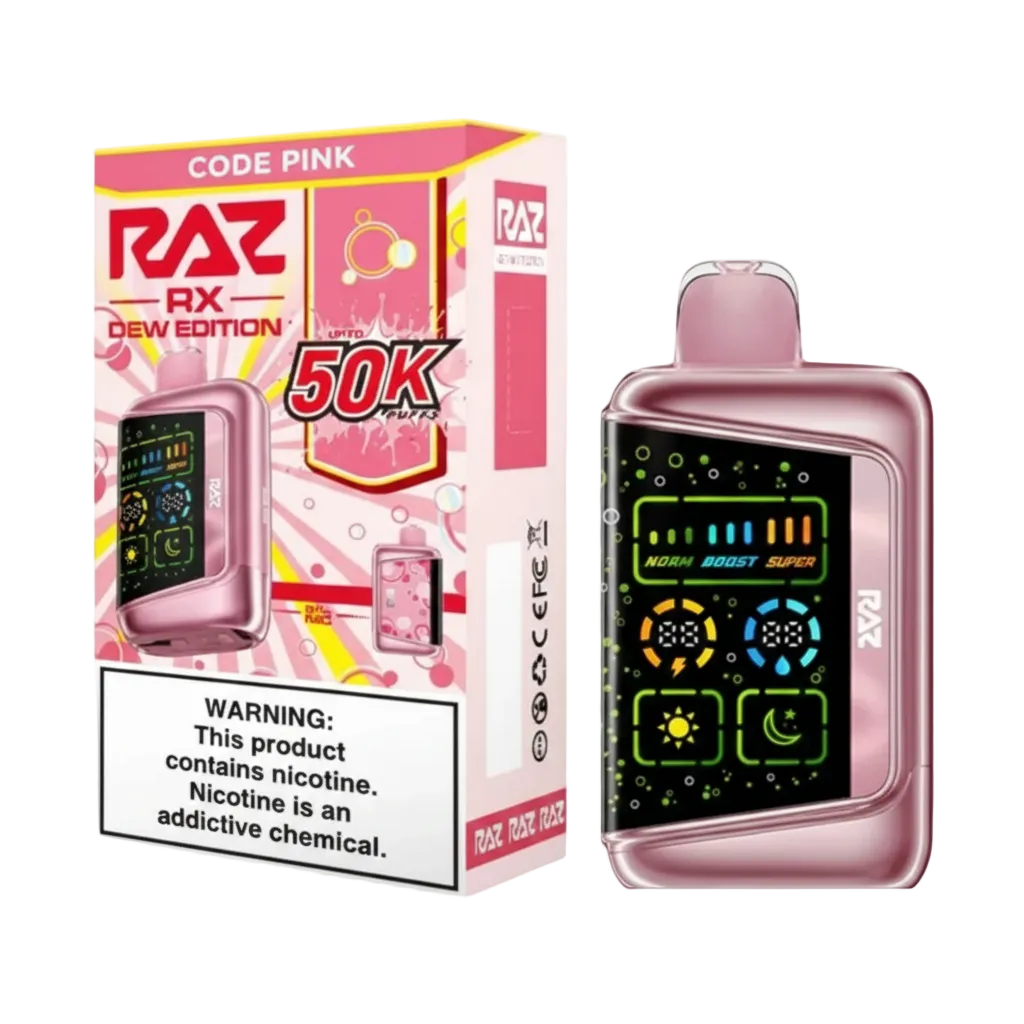 Pink RAZ RX Dew Edition disposable vape with 50K puffs, digital display, and flavor modes