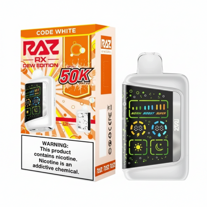 RAZ RX Dew Edition disposable vape with 50K puffs, featuring norm boost super modes and colorful display
