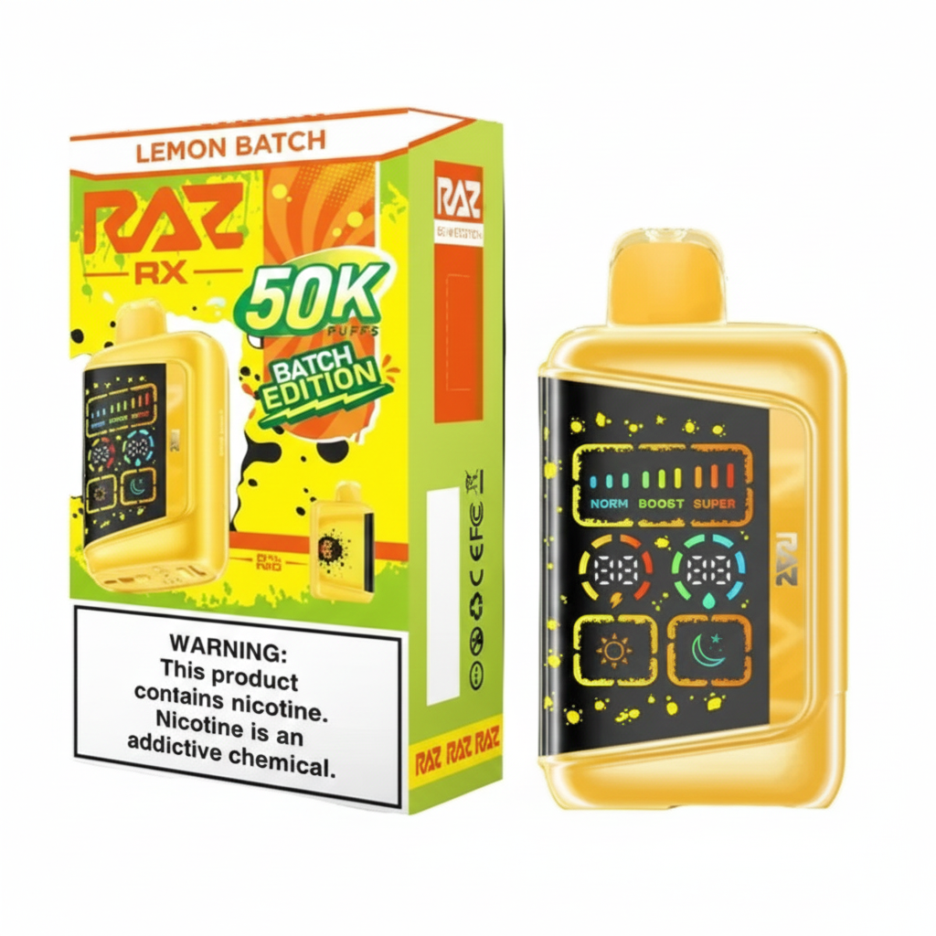 RAZ RX 50K Puffs Lemon Batch Edition disposable vape with colorful display and flavor packaging