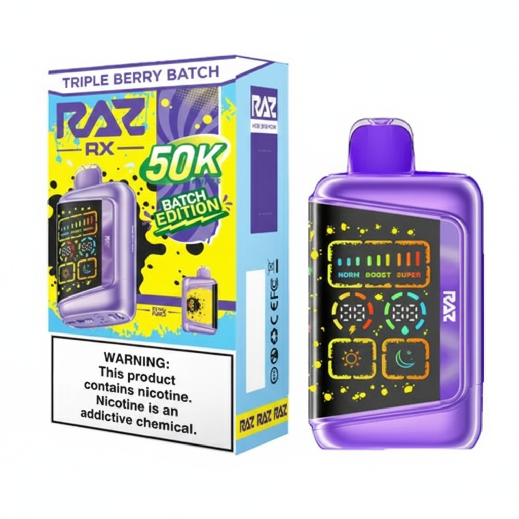 Purple RAZ RX 50K disposable vape with digital display, Triple Berry Batch flavor, Batch Edition packaging