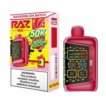 Red RAZ RX 50K disposable vape with Watermelon Batch flavor, featuring digital display and boost modes