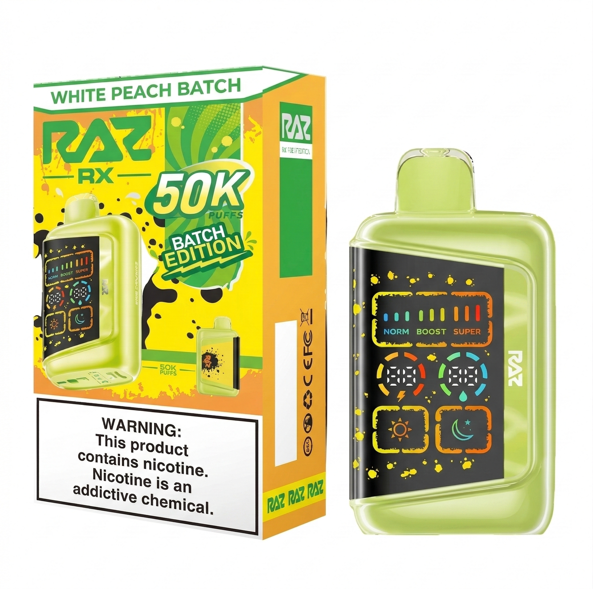 RAZ RX 50K Puffs White Peach Batch Edition disposable vape with colorful display and warning label