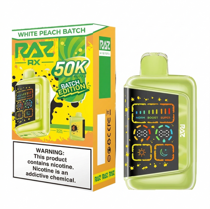 RAZ RX 50K Puffs White Peach Batch Edition disposable vape with colorful display and warning label